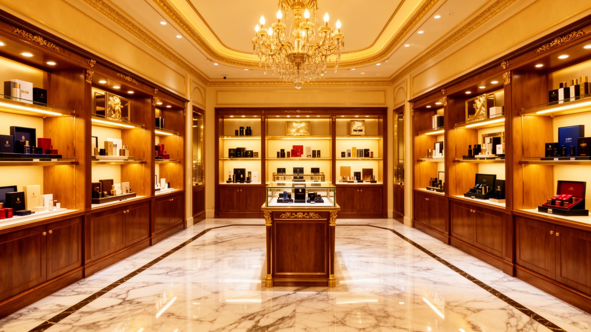 Royal Emporium luxury shop interior with golden lighting and elegant displays