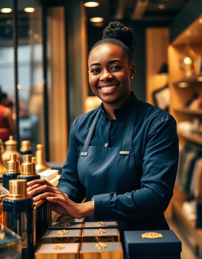 Shopkeeper arranging premium products in a boutique store