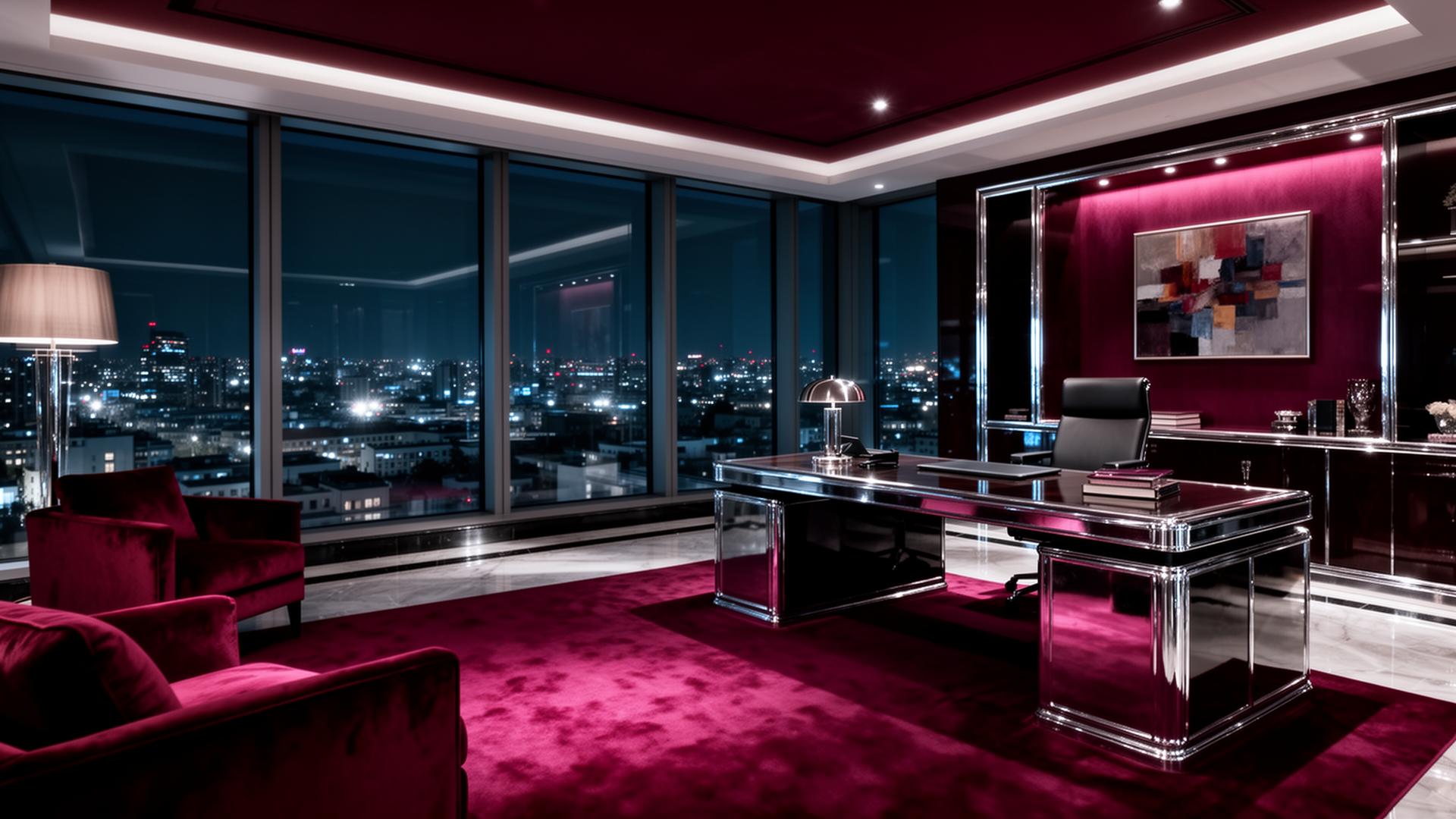 Luxury penthouse office with burgundy interior